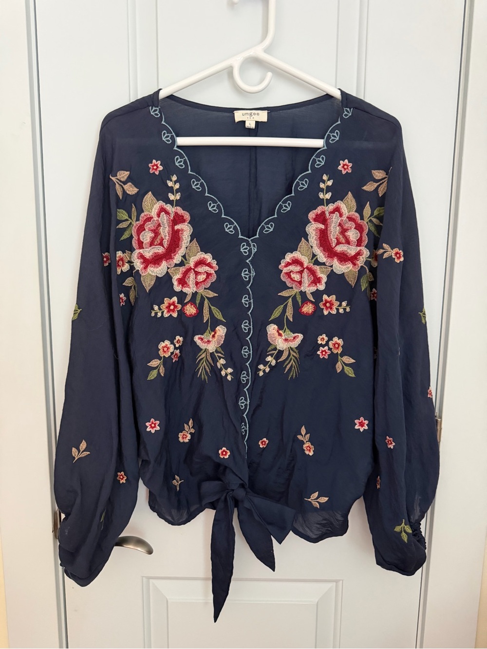 Umgee Navy Floral Embroidered Tie-Front Top